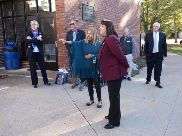 t. Governor, Kim Driscoll, visits Westfield State to look at Bates Hall and it's current need for upgrade. During the tour, she visits Parenzo Hall to the how drastically improved the building is after it's recent facelift.
