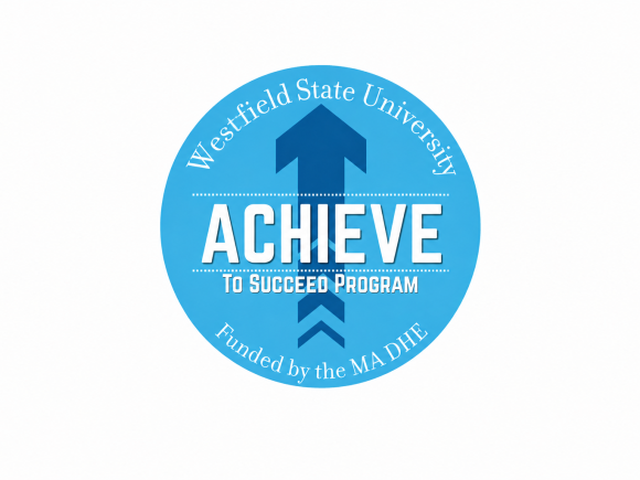 Achieve program logo with blue globe and white text that says WSU Achieve Funded by the MA DHE.