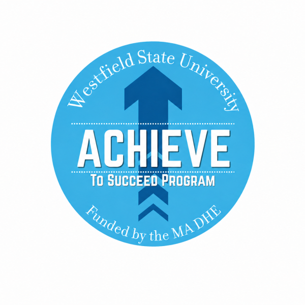 Achieve program logo with blue globe and white text that says WSU Achieve Funded by the MA DHE.